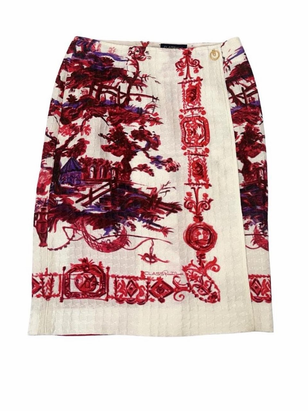 CLASS Roberto Cavalli White Pencil Skirt with Red & Purple Scenic Print